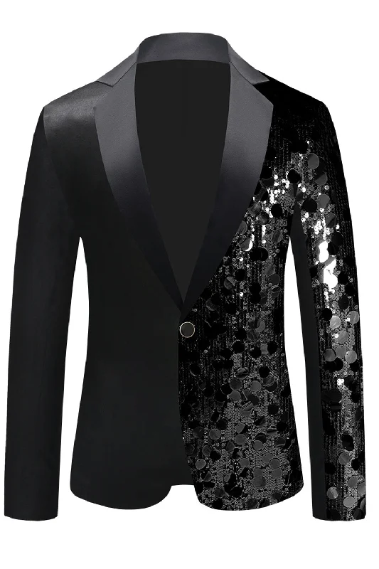 Blazers featuring lightweight knits are comfy -Sparkly Black Sequins Notched Lapel Men's Blazer