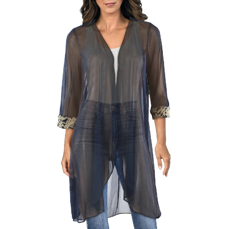 Blazers with unique stitching add character -R&M Richards Womens Petites Mesh Sheer Duster Blazer