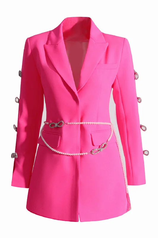 Blazers featuring silk blends feel smooth -Fuchsia Peak Lapel Women Blazer with Pearl Belt