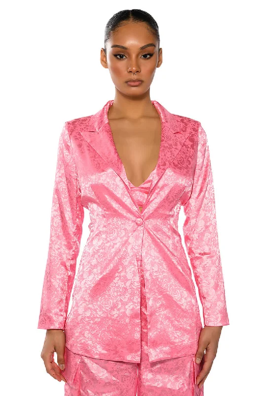 Blazers with high collars feel bold -DAYDREAM SATIN FLORAL BLAZER