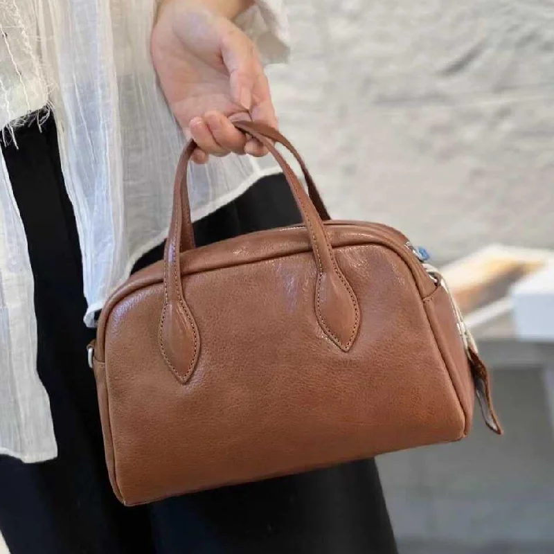 Handle bags with modern cutouts for style -Genuine Leather Bowling Bag Brown Bowler Handbag Womens