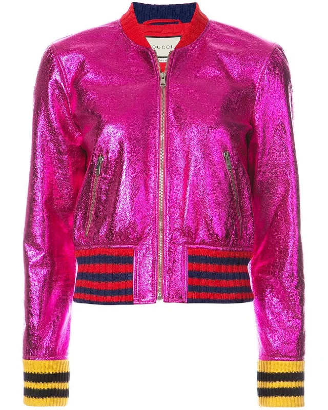 Fuchsia Metallic Leather Bomber Jacket