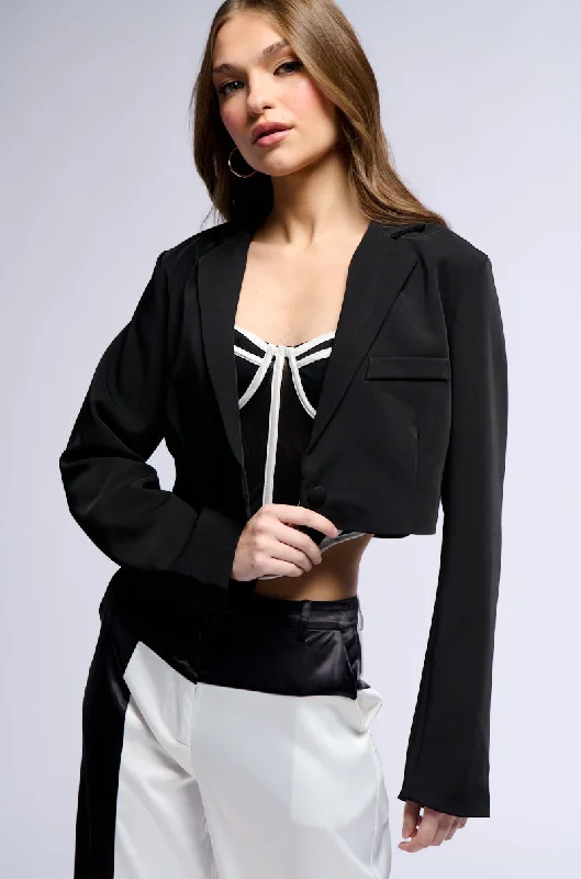 Plush blazers for cozy nights look chic -CLASSIC CROP BLAZER IN BLACK