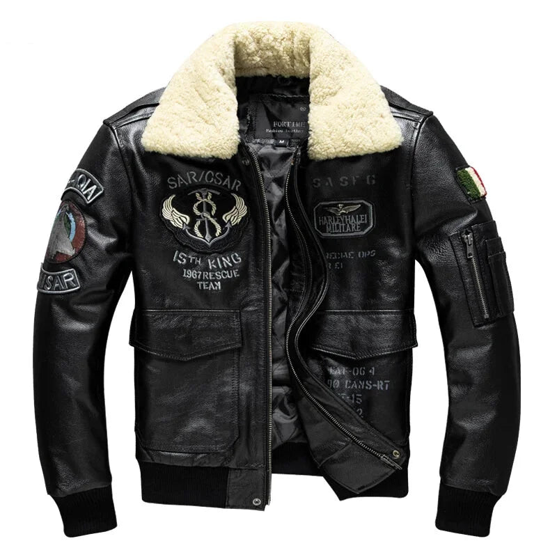 Cowhide Genuine Leather Fur Collar Winter Bomber Jacket for Men