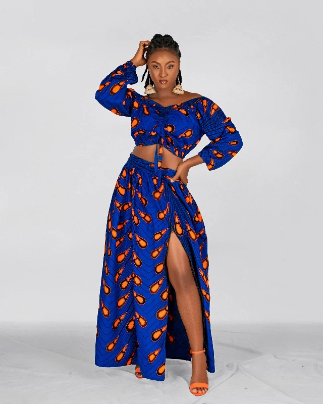 Party Dresses for Celebration -Chinwe Ankara Maxi Skirt | Blue and Orange African Print