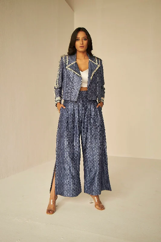 Embroidered Blue Biker Jacket In Shibori With Palazzo Pants Set