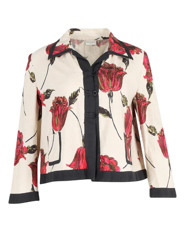 Floral Short Jacket in White Linen by Dries Van Noten