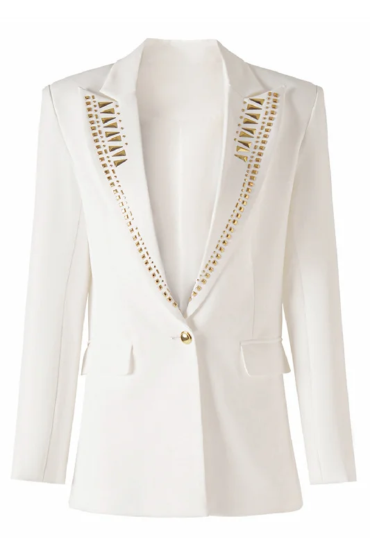 Blazers for stylish teens look cool -White Beaded Peak Lapel Women Blazer