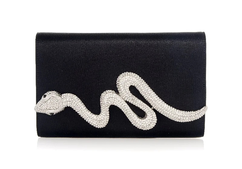 Designer handle bags with luxury logo detailing -Serpent Fizzoni Silver Black Satin