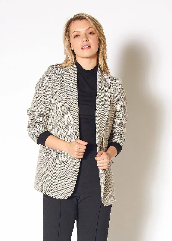 Blazers featuring suede finishes feel plush -Women's Open Front Blazer in Black Houndstooth Plaid