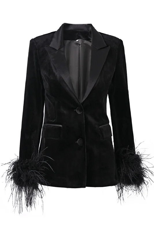 Blazers featuring twill fabrics are durable -Black Peak Lapel Velvet Blazer with Feathers