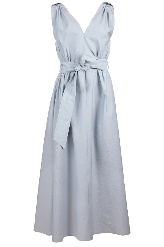 Beach Dresses for Coastal -Sleeveless Poplin Belted Dress - Pale Blue