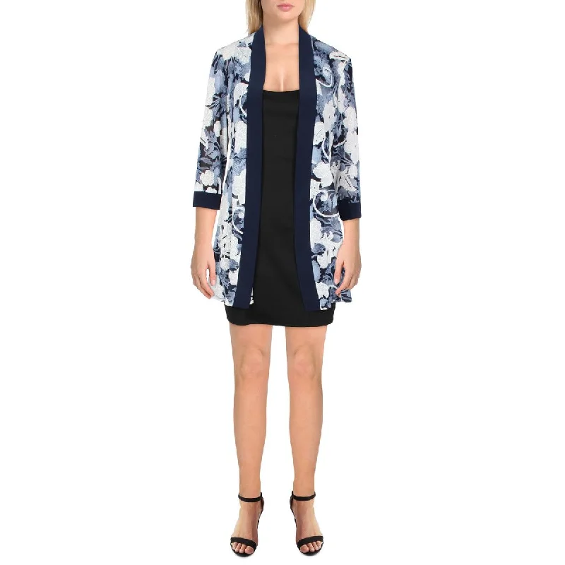 Blazers with notched lapels are standard -R&M Richards Womens Petites Printed Sheer Duster Blazer