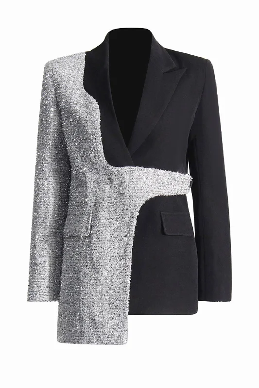 Blazers for outdoor events stay practical -Silver Black Peak Lapel Slim Fit Women Blazer