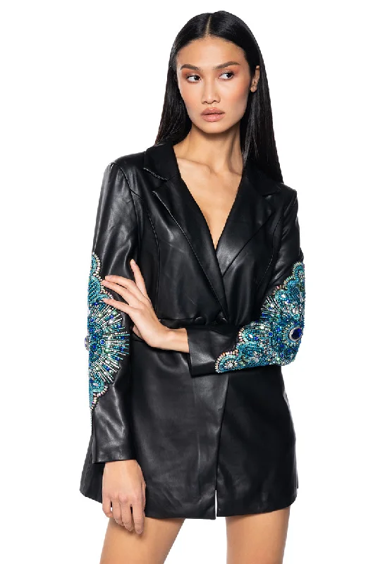 Blazers for curvy figures fit comfortably -AXELLE PU BLAZER WITH EMBELLISHMENTS