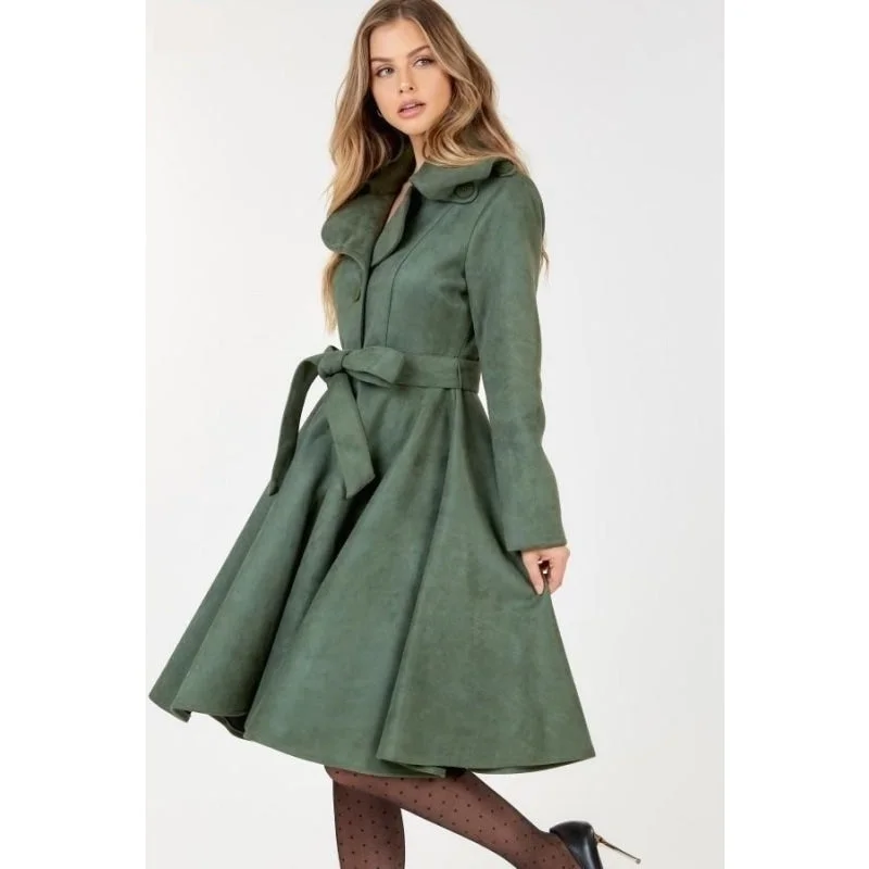 Women's Olive Color Button Tacking Collar A-line Suede Coats & Jackets