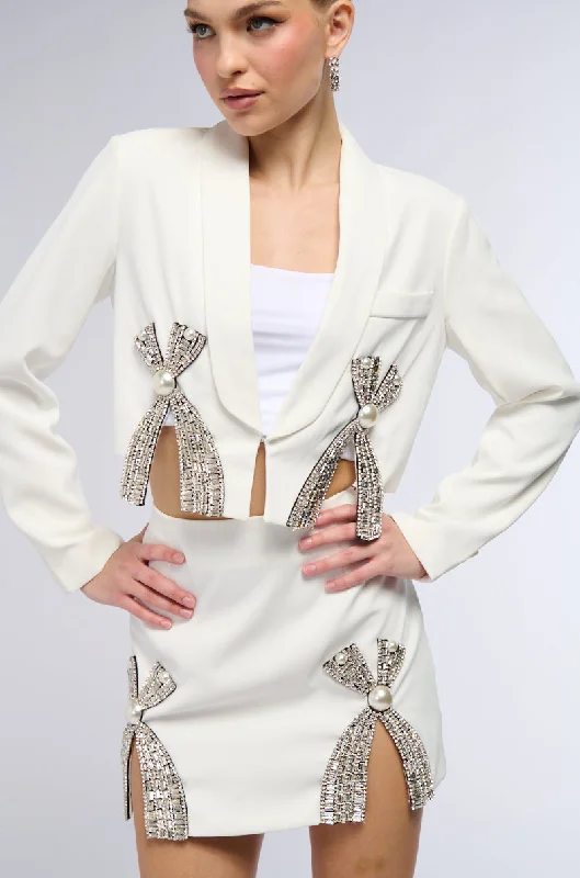 Blazers for colder climates layer well -KATY EMBELLISHED CROPPED BLAZER IN WHITE