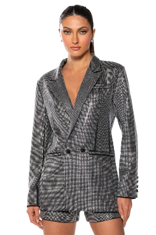 Blazers in taupe tones stay subtle -POP STAR SHINE BRIGHT RHINESTONE BLAZER IN BLACK