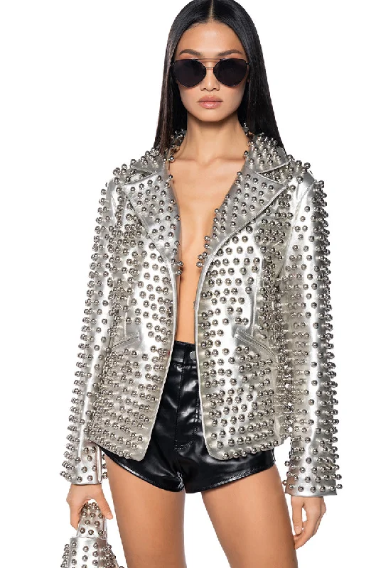 Blazers with ruched details add flair -SILVER OMNI STUDDED BLAZER