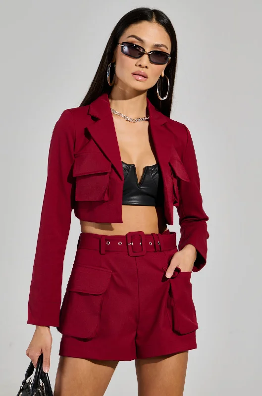 Blazers featuring houndstooth patterns are classic -BETTER LUCK CROP BLAZER IN BURGUNDY