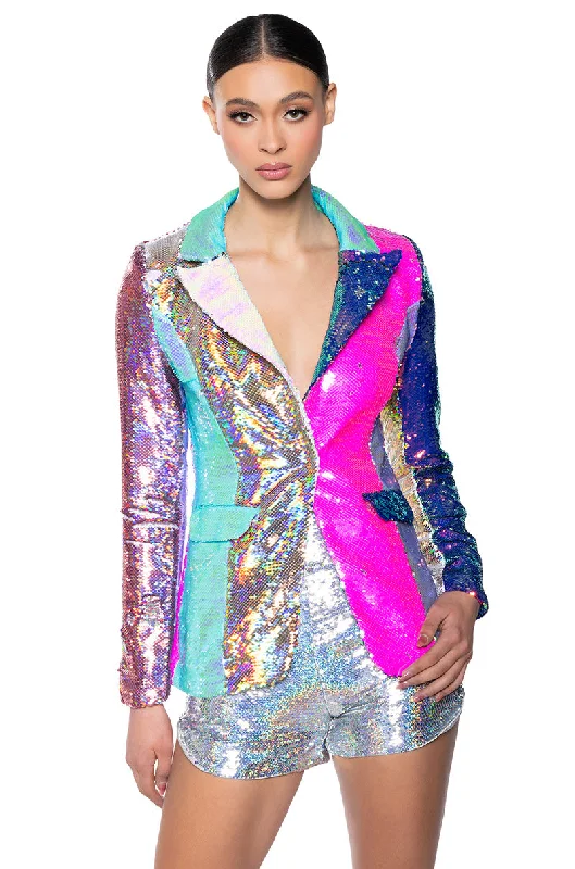 Blazers with asymmetrical cuts turn heads -SEQUIN COLOR BLOCK BLAZER