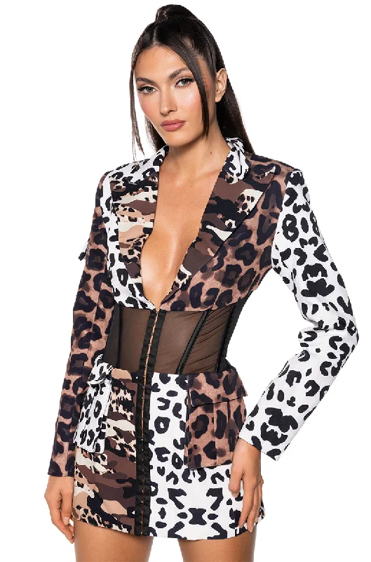 Blazers in rust tones feel warm -BEIBS IN THE TRAP CORSET BLAZER IN PATCHWORK CHEETAH