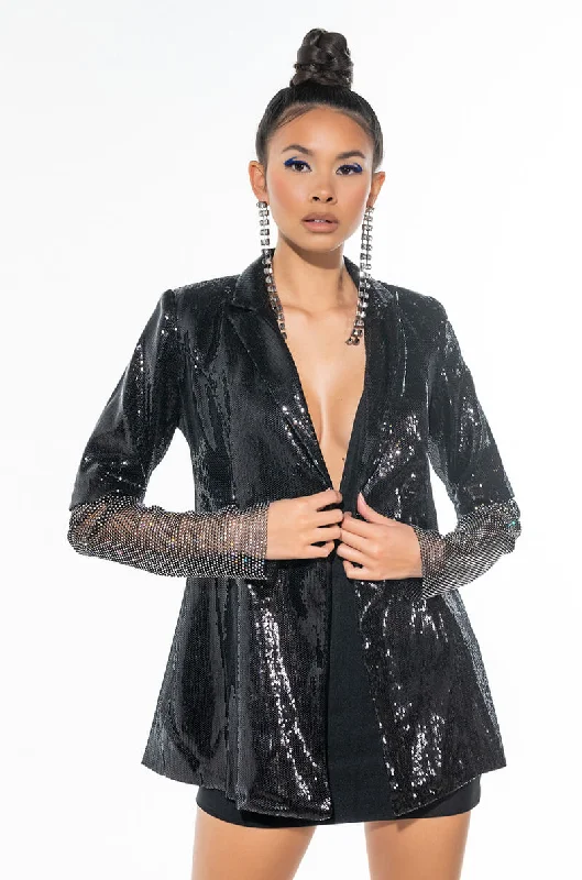 Blazers featuring shiny buttons catch light -BALL DROP SEQUIN BLAZER WITH RHINESTONE MESH ARMS