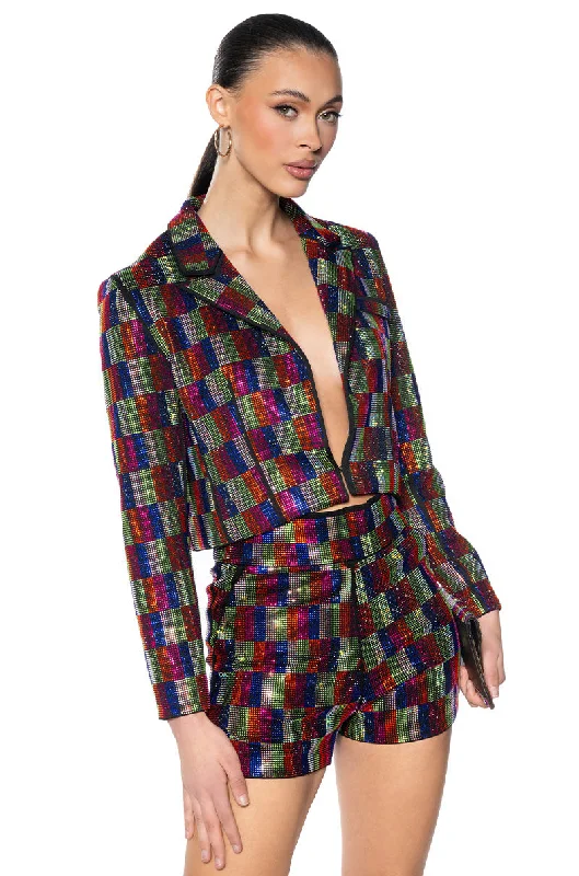 Blazers with tailored waists flatter figures -POP STAR RECTANGLE PRINT RHINESTONE CROP BLAZER