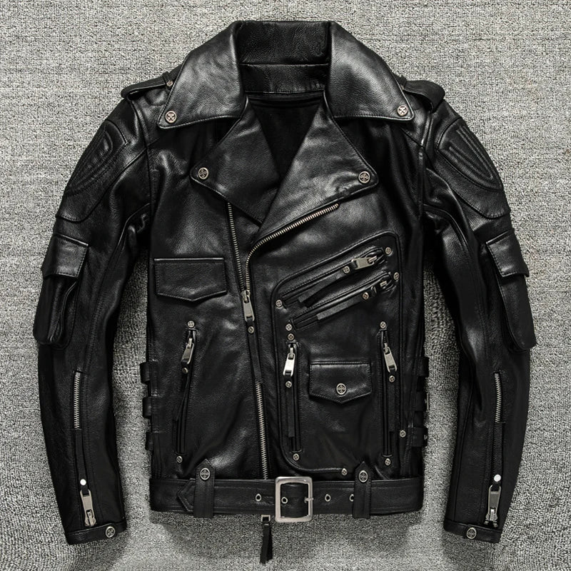 Men's Solid Genuine Cowhide Leather Lapel Collar Motorcycle Jacket