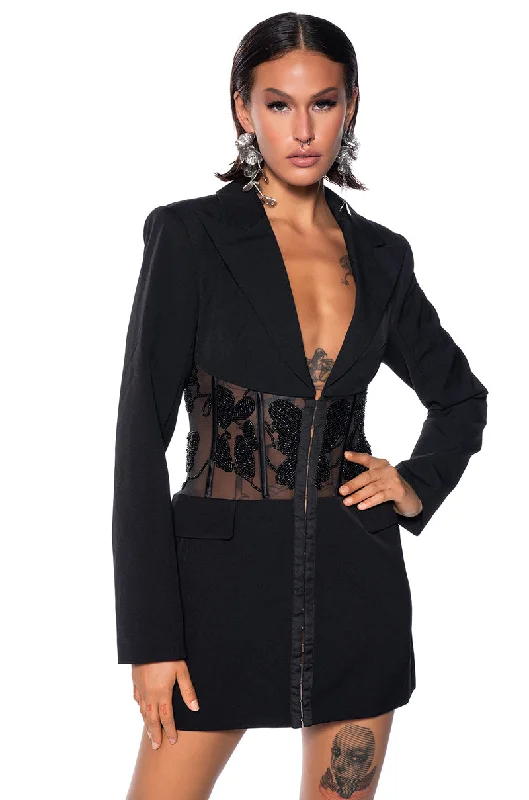 Blazers with classic buttons stay elegant -HAND BEADED MESH CORSET BLAZER