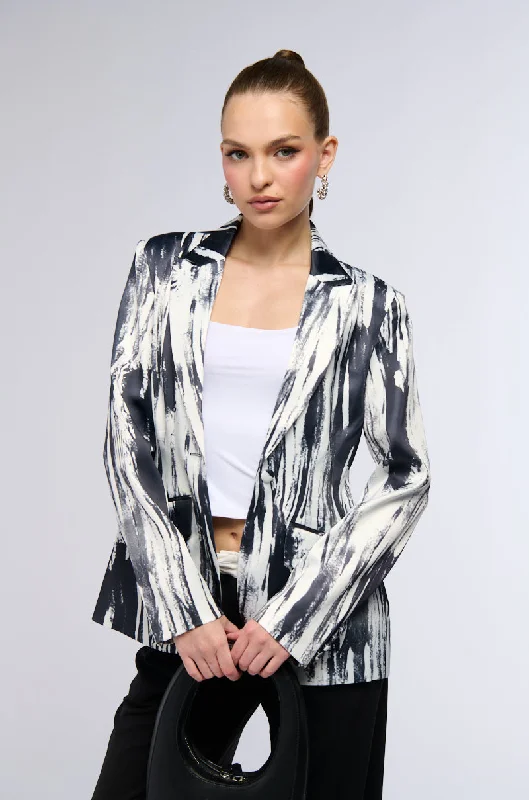 Blazers for everyday style remain staples -SATIN SCRIBBLE PRINT BLAZER