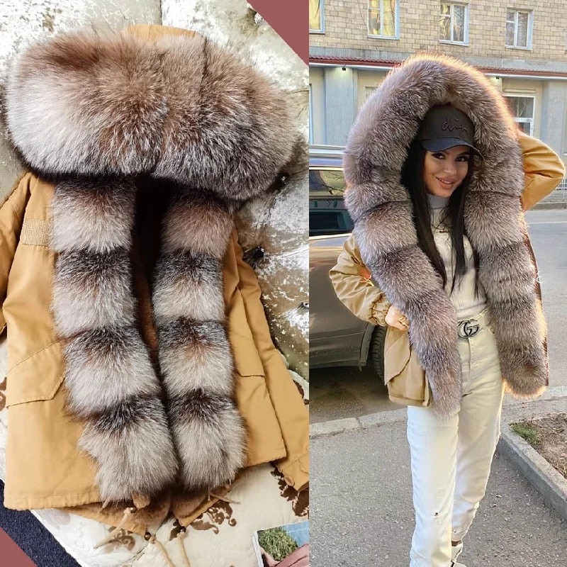 Women's Zipper Closed Real Raccoon Fur Collared Thick Winter Jacket