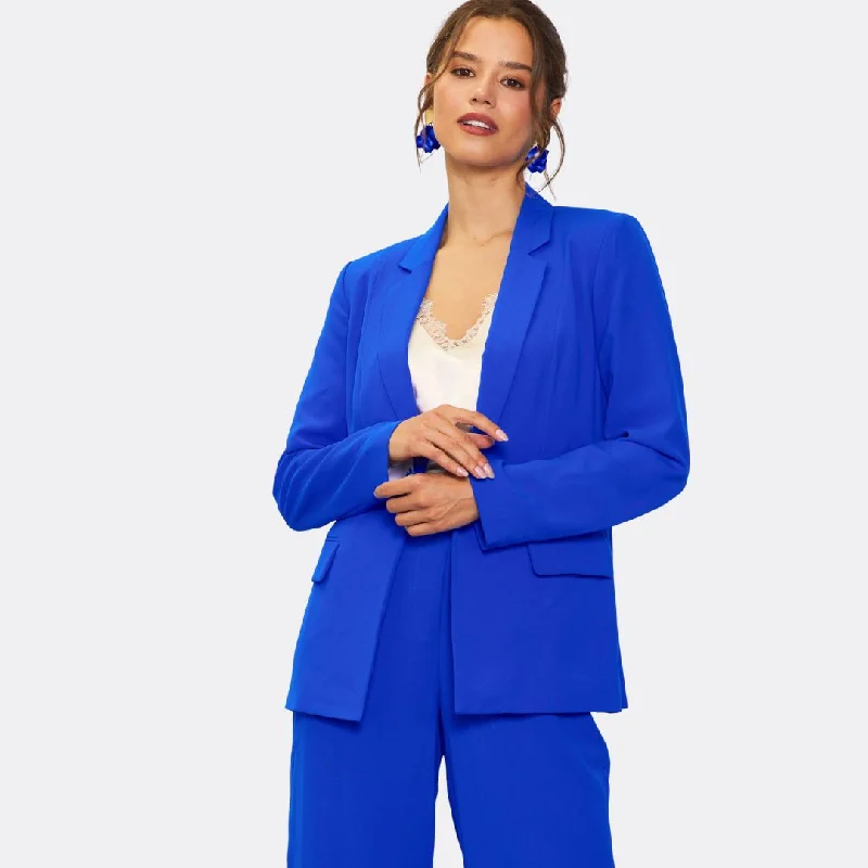 Blazers featuring tweed textures bring sophistication -Long Sleeve Welt Pocket Blazer (Neon Blue)