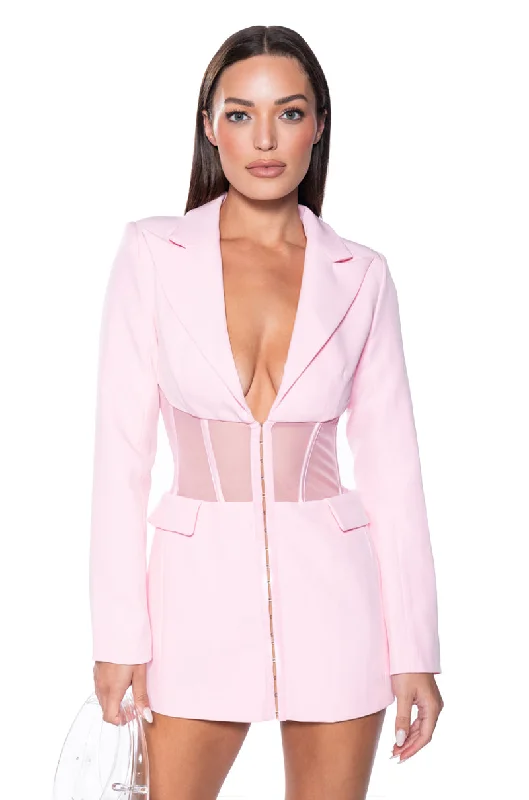 Blazers with metallic threads dazzle subtly -BEIBS IN THE TRAP CORSET BLAZER IN PINK