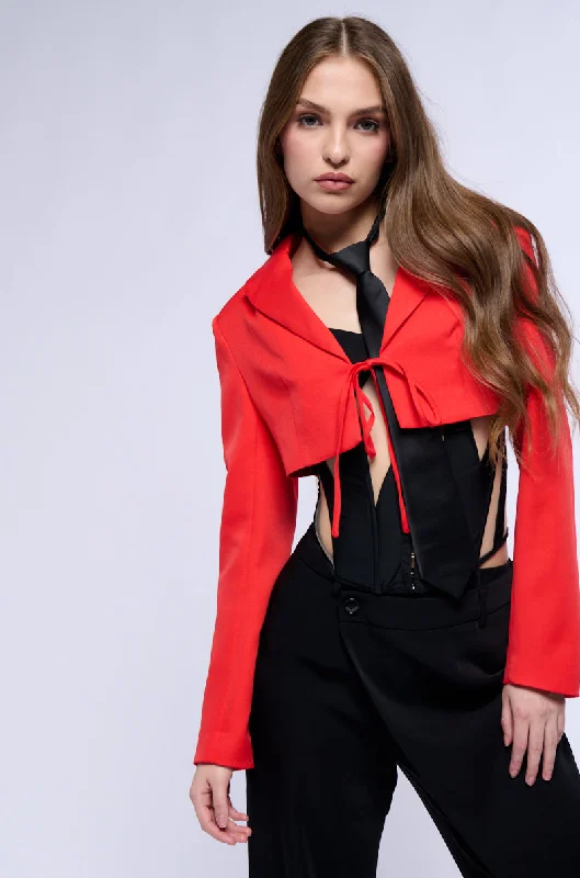 Blazers for bold layering stand out -HERE FOR IT TIE FRONT CROP BLAZER