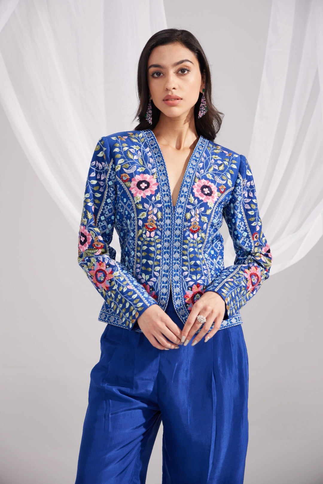 Royal Blue Gardenia Short Embroidered Silk Jacket