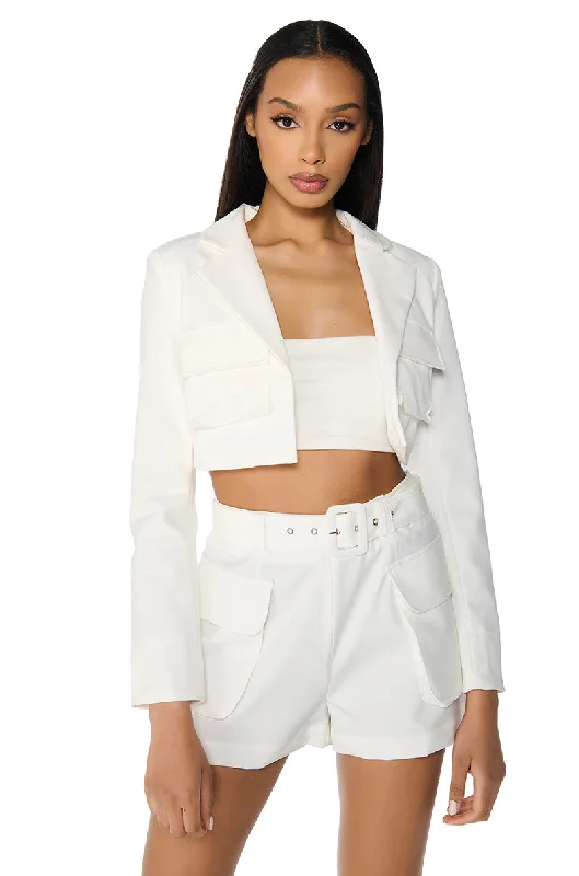 Blazers with unique buttons add quirky flair -BETTER LUCK CROP BLAZER IN WHITE