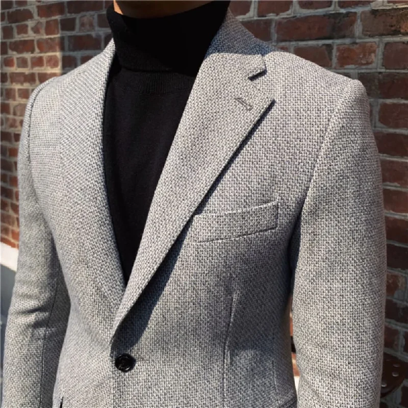 Blazers for evening parties sparkle subtly -Slim Fit Blazer in Grey & Khaki with Black Turtleneck - Men's Formal Wear