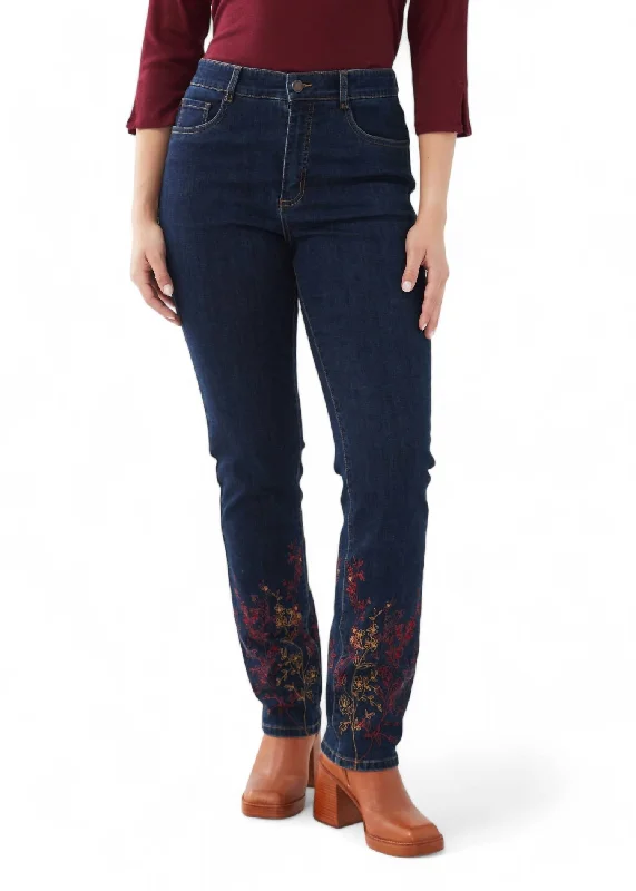 Tight fit trousers for women with ankle-length design and modern appeal -Suzanne Straight Leg Jean In Dark Rinse Embroidered