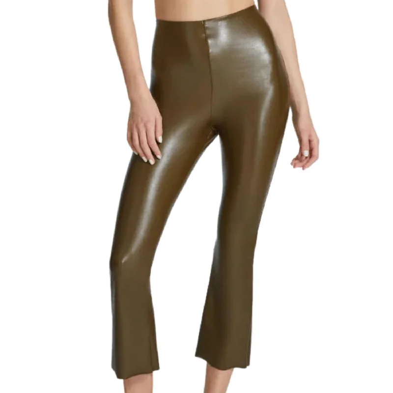 Casual tight trousers for women with comfy waistband and minimalistic style -Faux Leather Cropped Flare Pants In Cadet