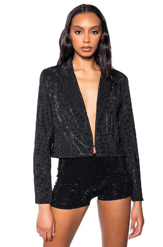 Blazers featuring houndstooth patterns are classic -POP STAR HOT FIX CROPPED BLAZER IN BLACK