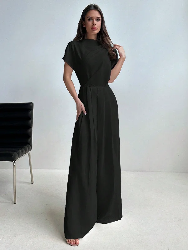 Handle bags with zipper tops for security -Aloruh Elegant French Ruched Waist Wide Leg Jumpsuit With Stand Collar And Floor-Length, Perfect For Office And Commute To Showcase The Tall And Slim Figure