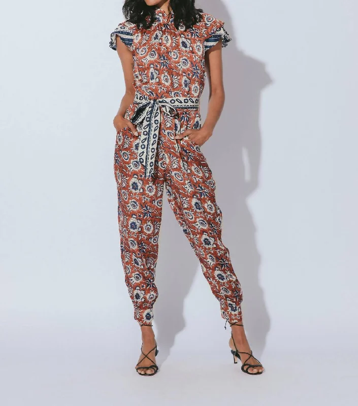 Light denim tight trousers for women with casual fit and comfortable material -Perla Jumpsuit In Sienna Block Print