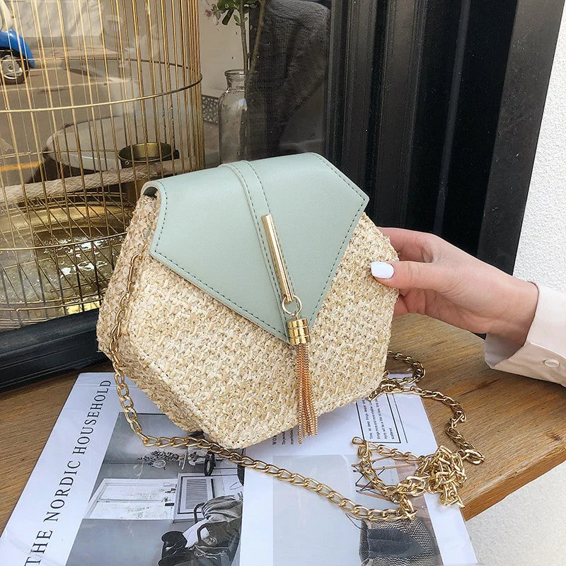 Handle bags with spacious interiors for storage -Hexagon Mulit Style Straw+leather Handbag Women Summer Rattan Bag Handmade Woven Beach Circle Bohemia Shoulder Bag New Fashion