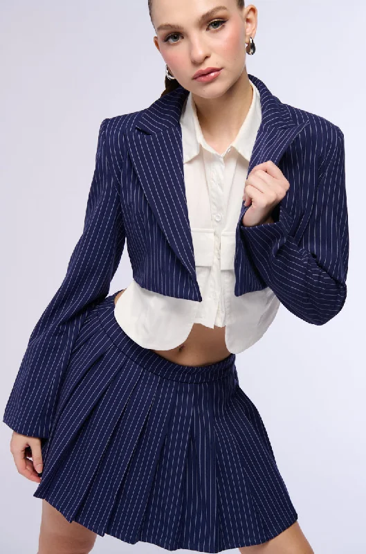 Colorful blazers for summer events brighten wardrobes -WHATS THE TEA PINSTRIPE CROP BLAZER IN NAVY