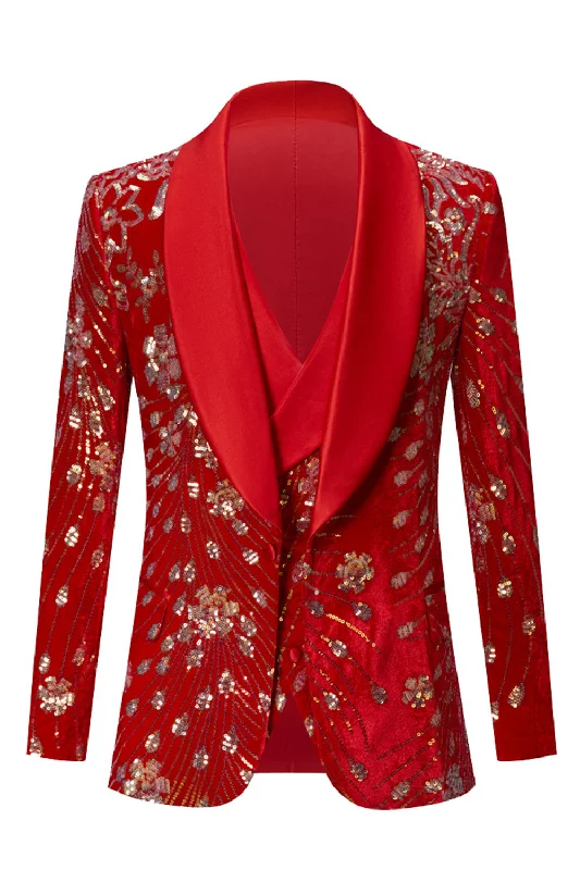 Blazers in cobalt blue feel striking -Sparkly Red Shawl Lapel 2 Piece Sequin Men's Blazer and Vest