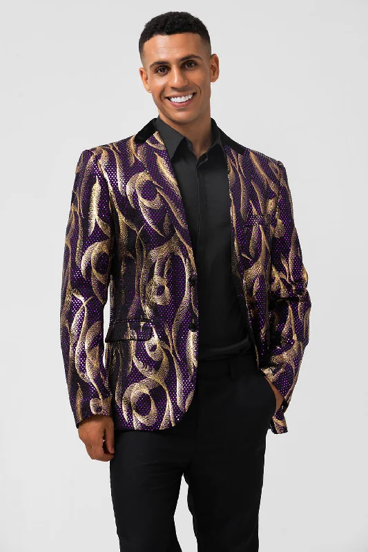 Affordable blazers for casual outings feel comfortable -Glitter Purple Pattern Printed Notched Lapel Men's Blazer