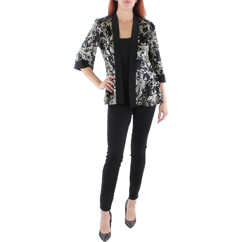 Trendy blazers with bold patterns make statements easily -R&M Richards Womens Petites Velvet Metallic Open-Front Blazer