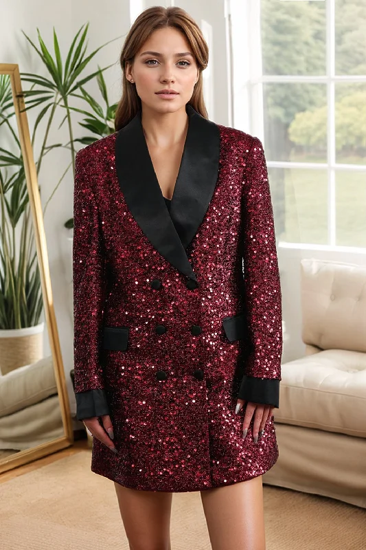 Tailored blazers for business meetings look sharp -Sparkly Burgundy Bodycon Sequin Maxi Women's Blazer