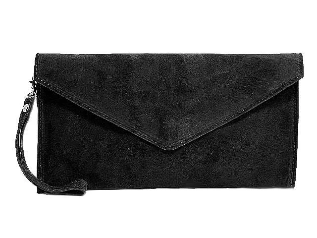 Handle bags with vintage clasps for nostalgia -FAUX SUEDE BLACK OVER-SIZED ENVELOPE CLUTCH BAG / SHOULDER BAG WITH LONG SHOULDER STRAP